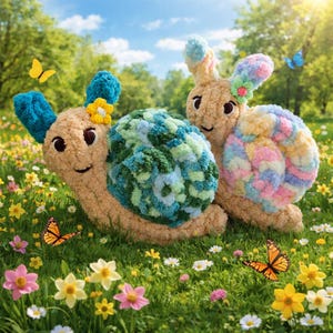 May include: Two plush, smiling snail toys with fluffy bodies and colorful shells sit in a field of wildflowers. One snail has a blue and green shell, the other a pastel shell. Butterflies flutter around them.