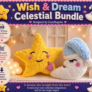 Fingerstickade mönster för plyschleksaker med stjärna och måne | Celestial barnrumsdekor (PDF-paket)