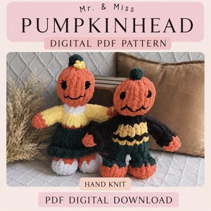 Mr & Miss Pumpkinhead Hand Knit Plush Pattern | Finger Knitting, Halloween Decor (PDF Download)