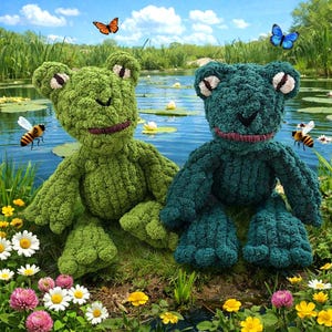 May include: Two plush frog toys, one green and one teal, sit side-by-side in a natural setting. The frogs have large eyes, stitched mouths, and textured bodies. Butterflies and bees are also present in the scene.