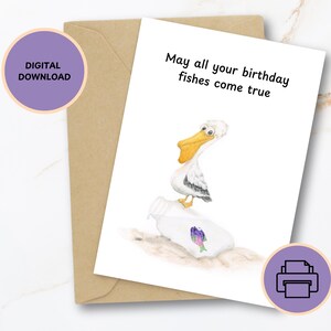 Cartão de aniversário de pássaro pescador, cartão de aniversário desenhado à mão 5x7 para impressão, download digital, design divertido para amigos, família e entes queridos