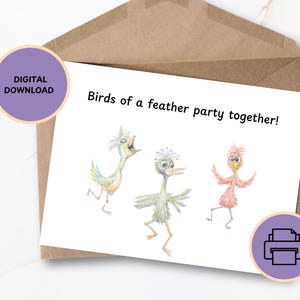 Cartão de aniversário de pássaro, cartão de aniversário desenhado à mão 5x7 para impressão, download digital, design divertido para amigos e família
