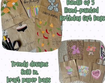 Hand-Painted Birthday Gift Bag Bundle - Set of 5 Kraft Bags | Unique Mix of Classic & Trendy Designs | Free Shipping (U.S)