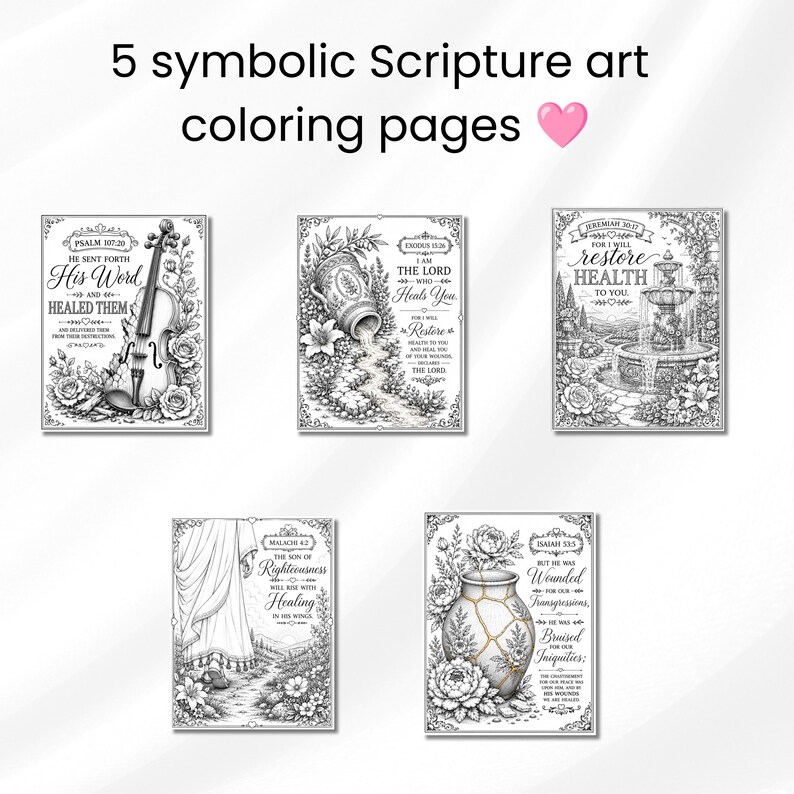 May include: Five black and white coloring pages featuring symbolic scripture art. The text reads 5 symbolic Scripture art coloring pages. Each page displays intricate line drawings of items like a violin, a fountain, and a vase with floral motifs.