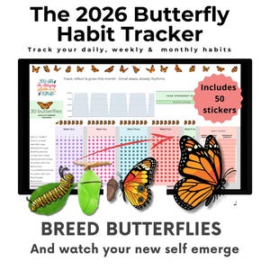 Puede incluir: Un rastreador de hábitos de mariposas 2026 enmarcado en negro con un fondo blanco. El rastreador incluye un gráfico para rastrear los hábitos diarios, semanales y mensuales. La imagen presenta ilustraciones de mariposas y el texto "Incluye 50 pegatinas."