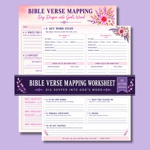 May include: A Bible verse mapping worksheet printable featuring floral accents in pink and purple. The document includes sections for key word study, context, personal application, and prayer, with the text BIBLE VERSE MAPPING DIG DEEPER INTO GOD'S WORD.