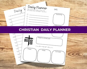 Puede incluir: Dos hojas de papel blanco para planificador diario con texto y gráficos en negro. La hoja superior muestra el título Daily Planner, el versículo Isaías 40:31, una lista de tareas y secciones para prioridades, contactos, oración, alabanza y entrega.