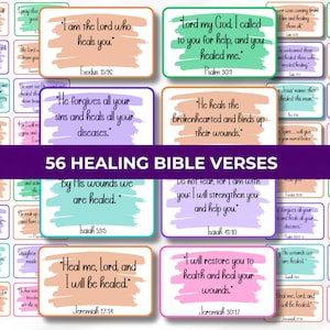 May include: A collection of 56 rectangular cards featuring Bible verses about healing, each with a colorful brushstroke background in shades of peach, green, purple, and pink, with the text 56 HEALING BIBLE VERSES displayed in a central purple banner.