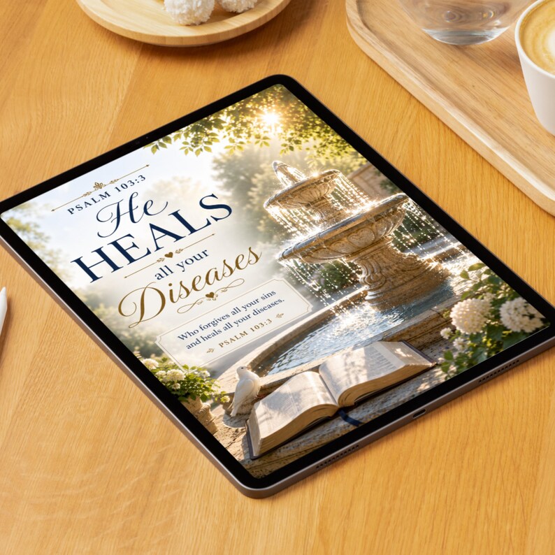 May include: A digital tablet displaying a graphic with a stone fountain, an open book, and the text "PSALM 103:3 He HEALS all your Diseases" along with "Who forgives all your sins and heals all your diseases. PSALM 103:3" in dark blue and gold script.
