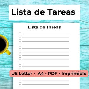 May include: A white printable task list titled "Lista de Tareas" in black. A yellow mug of coffee is on the left, and a pencil is on the right. The bottom of the page has the text "US Letter • A4 • PDF • Imprimible".