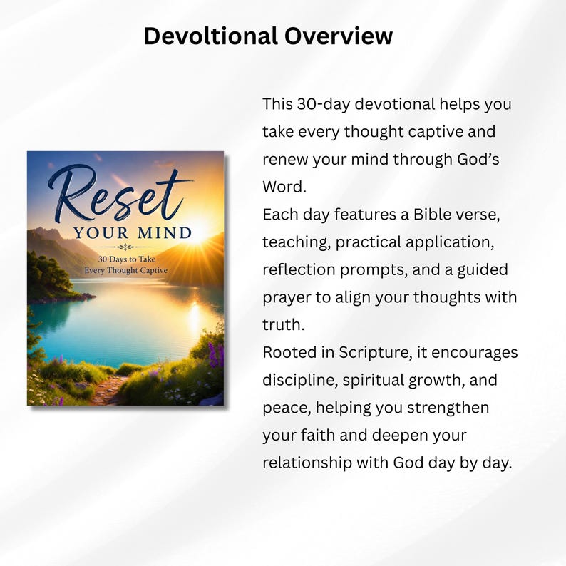 Op de afbeelding: Een boek getiteld Reset Your Mind met de ondertitel 30 Days to Take Every Thought Captive. De omslag toont een landschapsillustratie van een meer bij zonsopgang met bergen en groen. De tekst Devotional Overview staat boven het boek.