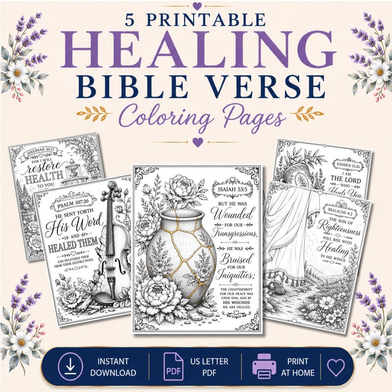 Peut inclure: Cinq pages de coloriage imprimables avec des versets bibliques sur la gu&eacute;rison. Les pages pr&eacute;sentent des illustrations en noir et blanc d'un violon, d'un vase de style kintsugi et de motifs floraux. Le texte indique "5 PRINTABLE HEALING BIBLE VERSE Coloring Pages" et "INSTANT DOWNLOAD US LETTER PDF PRINT AT HOME."