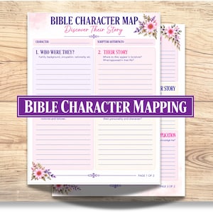 Könnte beinhalten: Ein druckbares Arbeitsblatt zur Erfassung von Bibelcharakteren mit floralen Akzenten in Rosa und Lila. Das Dokument enthält Abschnitte mit den Titeln Bible Character Map, Discover Their Story, Who Were They, Their Story und Bible Character Mapping.