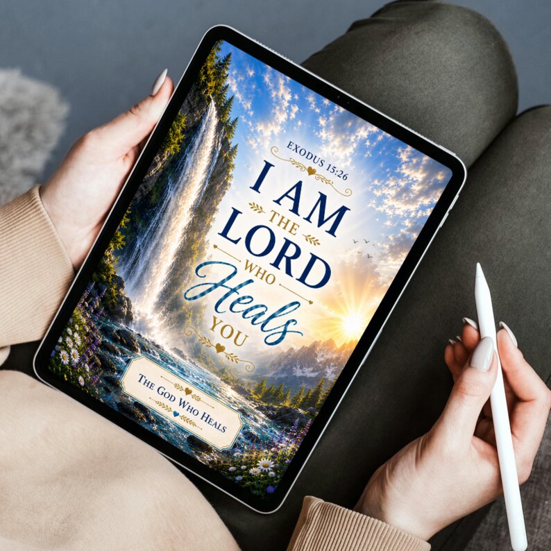 May include: A digital tablet displaying a graphic with a waterfall, a sunrise, and the text Exodus 15:26, I AM THE LORD WHO HEALS YOU, and THE GOD WHO HEALS. The screen features a vibrant landscape with blue, gold, and green tones, held with a white stylus.