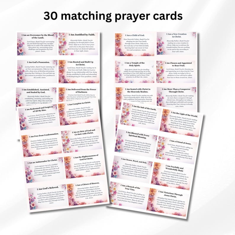 May include: A collection of 30 matching prayer cards featuring floral borders in shades of pink, purple, and orange. Each rectangular card contains a unique religious affirmation and prayer text printed in black ink on a white background.