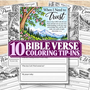 Könnte beinhalten: Ein Set aus 10 Bibelvers-Malvorlagen mit schwarz-weißen Landschaftsillustrationen und Schreibaufforderungen. Ein zentrales Blatt ist koloriert mit einem Baum, Blumen, Bergen und dem Text When I Need to Trust Proverbs 3:5-6.