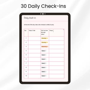 Op de afbeelding: Een digitale tablet met een 30 Daily Check-Ins plannerpagina. De interface bevat een tabel met kolommen voor Dag, Waarheid van vandaag, Heb ik vandaag naar deze waarheid geleefd, en Gebed. De rijen 1 tot en met 10 zijn zichtbaar met menu's.