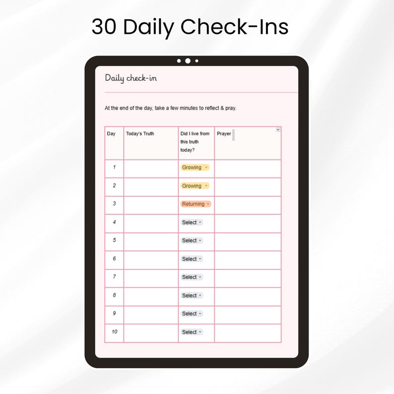 Op de afbeelding: Een digitale tablet met een 30 Daily Check-Ins plannerpagina. De interface bevat een tabel met kolommen voor Dag, Waarheid van vandaag, Heb ik vandaag naar deze waarheid geleefd, en Gebed. De rijen 1 tot en met 10 zijn zichtbaar met menu's.
