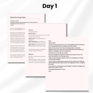 Op de afbeelding: Een geprint document getiteld Day 1 met de kop Taking Every Thought Captive. De tekst bevat 2 Korinti&euml;rs 10:5, een toepassingsgedeelte met stappen om te pauzeren en gedachten te benoemen, een reflectiegedeelte en een gebed tot Jezus.