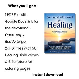 May include: A digital product listing featuring a PDF file with a Google Docs link for a devotional titled Anchored in His Word for Healing, plus two PDF files containing 56 healing Bible verses and five scripture art coloring pages.