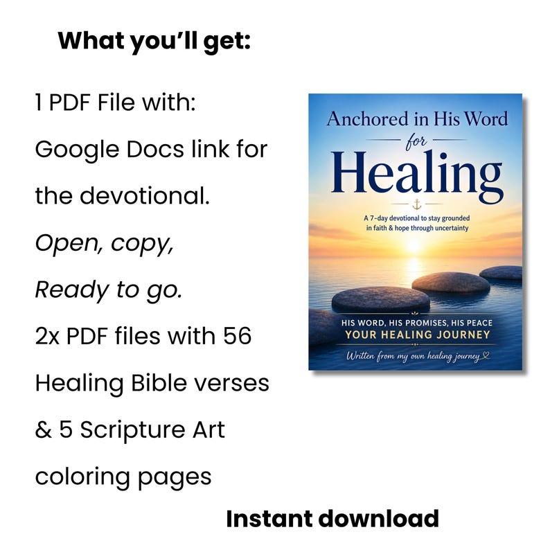 May include: A digital product listing featuring a PDF file with a Google Docs link for a devotional titled Anchored in His Word for Healing, plus two PDF files containing 56 healing Bible verses and five scripture art coloring pages.
