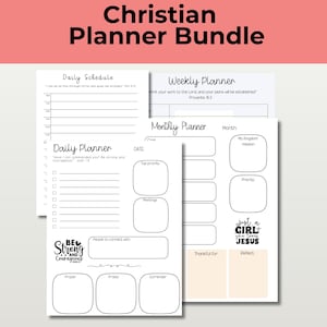 May include: A Christian Planner Bundle with a pink header. The bundle includes a daily, weekly, and monthly planner. The daily planner has a schedule, a daily planner section, and space for prayer. The weekly planner has a section for notes. The monthly planner has sections for top priority and mission.