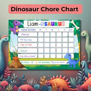 Puede incluir: Un colorido cuadro de tareas con temática de dinosaurios con el texto "Dinosaur Chore Chart" en la parte superior. El cuadro incluye espacios para tareas diarias y un rastreador de objetivos. El nombre "Liam-OSaurus" está en la parte superior.