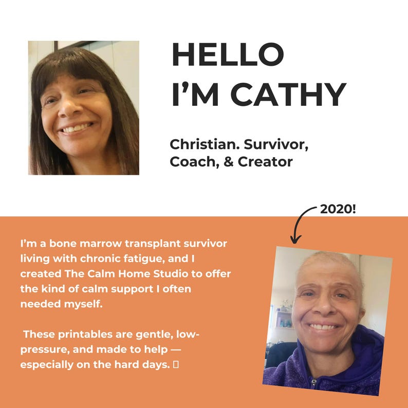 May include: A graphic featuring two photos of a person, text reading HELLO I'M CATHY, Christian. Survivor, Coach, & Creator, and a paragraph about The Calm Home Studio. A smaller photo is labeled 2020! with an arrow pointing to it on an orange background.