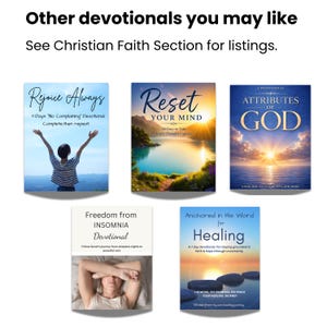 May include: Five devotional book covers titled Rejoice Always, Reset Your Mind, Attributes of God, Freedom from Insomnia Devotional, and Anchored in His Word for Healing. The text Other devotionals you may like and See Christian Faith Section for listings appears at the top.