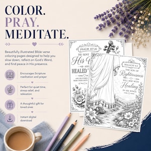 Peut inclure: Deux pages de coloriage en noir et blanc avec les versets bibliques Psaume 107:20 et Malachie 4:2, illustr&eacute;es d'une silhouette en robe et de motifs floraux. Quatre crayons de couleur, une tasse de caf&eacute; et des brins de lavande sont pr&eacute;sents.