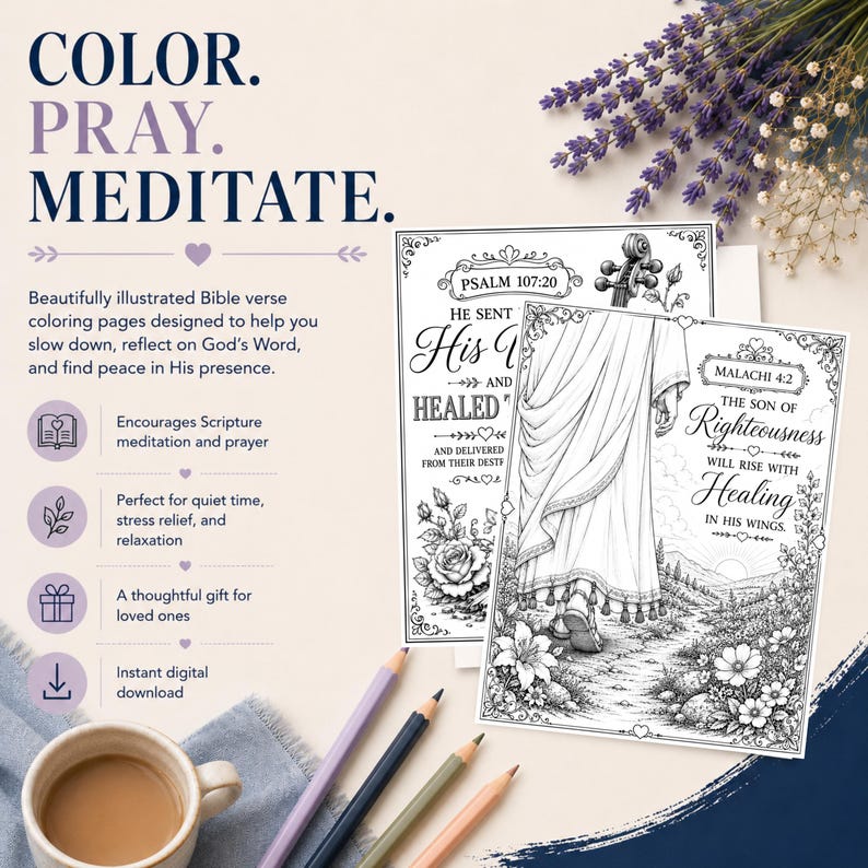 Peut inclure: Deux pages de coloriage en noir et blanc avec les versets bibliques Psaume 107:20 et Malachie 4:2, illustr&eacute;es d'une silhouette en robe et de motifs floraux. Quatre crayons de couleur, une tasse de caf&eacute; et des brins de lavande sont pr&eacute;sents.