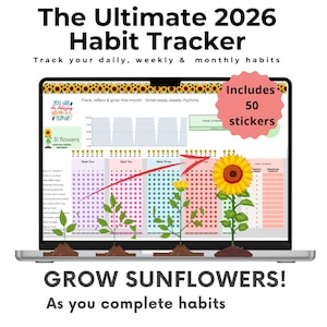 Feuille de calcul gamifiée TDAH Habit Tracker, culture de tournesol, objectif et routine Google Sheets avec autocollants