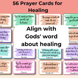 May include: A collection of 56 prayer cards for healing, each featuring a different Bible verse. The cards have colourful borders and text, with phrases such as "Align with Gods' word about healing". Ideal for spiritual reflection.