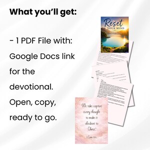 Op de afbeelding: Een digitaal devotieproduct met een PDF-bestand met een Google Docs-link. De afbeelding bevat een voorpagina met de titel Reset Your Mind, verschillende tekstpagina's en een kaart met een roze marmertextuur met de tekst We take captive every thought to make it obedient to Christ. 2 Corin 10:5.