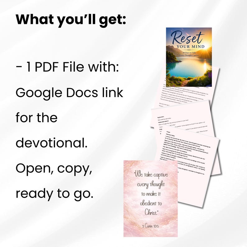 Op de afbeelding: Een digitaal devotieproduct met een PDF-bestand met een Google Docs-link. De afbeelding bevat een voorpagina met de titel Reset Your Mind, verschillende tekstpagina's en een kaart met een roze marmertextuur met de tekst We take captive every thought to make it obedient to Christ. 2 Corin 10:5.