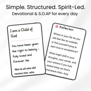 May include: Two rectangular cards with black borders featuring text. The top text reads Simple. Structured. Spirit-Led. Devotional & S.O.AP for every day. The left card says I am a Child of God. The right card features a pink flower icon and Reflection.