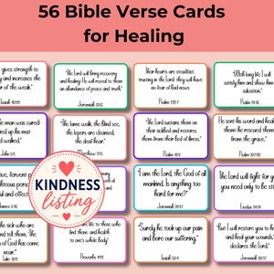 May include: A set of 56 Bible verse cards for healing, featuring various religious quotes printed in black text on white rectangular cards with colourful borders. A circular sticker with the text KINDNESS LISTING is overlaid on the cards.