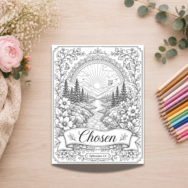 May include: A black and white coloring page featuring a landscape with a river, pine trees, mountains, and a sun, framed by floral patterns and butterflies. A banner at the bottom contains the text "Chosen" and "Ephesians 1:4" in script font.