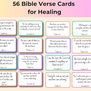 May include: A set of 56 Bible verse cards for healing, each with a different verse on a colorful background. The cards are arranged in rows and columns, with text in a clear, readable font.