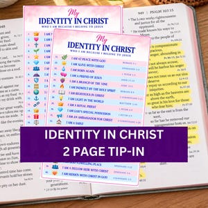 May include: Two rectangular paper tip-ins titled My Identity in Christ Who I Am Because I Belong to Jesus. The cards feature a pink watercolour background, numbered lists from 21 to 36, and various colourful icons next to religious text statements.