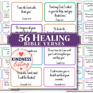 May include: A collection of 56 healing Bible verses printed on rectangular cards with colorful borders. A central purple banner displays the text 56 HEALING BIBLE VERSES, and a circular logo features the text KINDNESS listing with two red hearts.