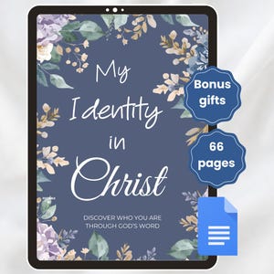 Puede incluir: Un producto digital en una tableta, con el texto "My Identity in Christ" y adornos florales. Incluye insignias de "Bonus gifts" y "66 pages", y la frase "Discover who you are through God's Word".