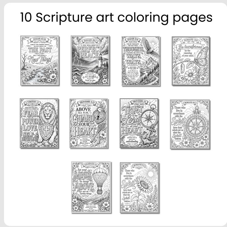 Op de afbeelding: Een set van 10 zwart-wit kleurplaten met schriftuurlijke kunst, voorzien van gedetailleerde lijntekeningen van landschappen, dieren en bloemmotieven gecombineerd met inspirerende teksten. Elke pagina bevat specifieke bijbelverzen.