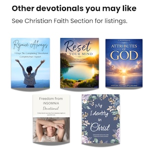May include: Five rectangular devotional books with titles including Rejoice Always, Reset Your Mind, Attributes of God, Freedom from Insomnia Devotional, and My Identity in Christ. The covers feature imagery of landscapes, sunrises, and people.