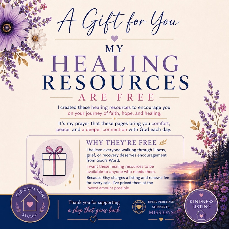Peut inclure: Un graphique num&eacute;rique avec des accents floraux violets et blancs pr&eacute;sentant le texte A Gift for You, My Healing Resources Are Free et Why They're Free. Il comprend une ic&ocirc;ne de cadeau, une illustration de paysage et le logo The Calm Home Studio.