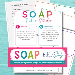 Könnte beinhalten: Ein SOAP-Bibelstudien-Set zum Ausdrucken mit einem Leitfaden, Aufforderungen und drei Vorlagen für Verskarten. Die Hauptseite enthält Abschnitte für Schriftstellen und Beobachtungen mit farbigen Textüberschriften und einem pinken Banner.