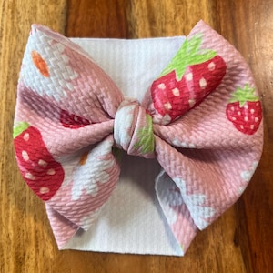 Strawberry and Flower Print Baby & Toddler Head Wraps + Bows | Soft, Stretchy, Stylish | Newborn to 12 Months | Handmade Hair Accessories