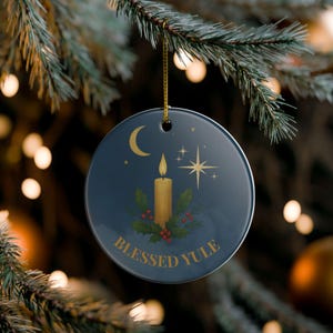 Yule Ornament: Pagan Winter Solstice Candle, Holly Ceramic Decoration