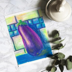 Print carte postale – Aubergine violette au pastel gras – Art food coloré et déco cuisine vintage
