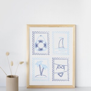 Blue Coastal Wall Art Print – Nautical Stamp Poster – Minimalist Beach Decor – Digital Download for Coastal, Preppy, or Boho Rooms
